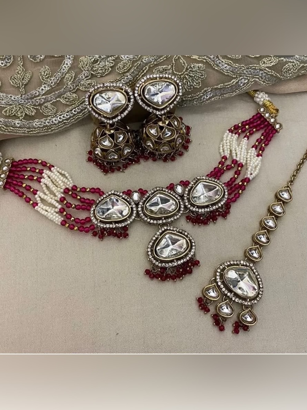 Handcrafted Kundan Necklace Set in Red and White - Women Jewelry